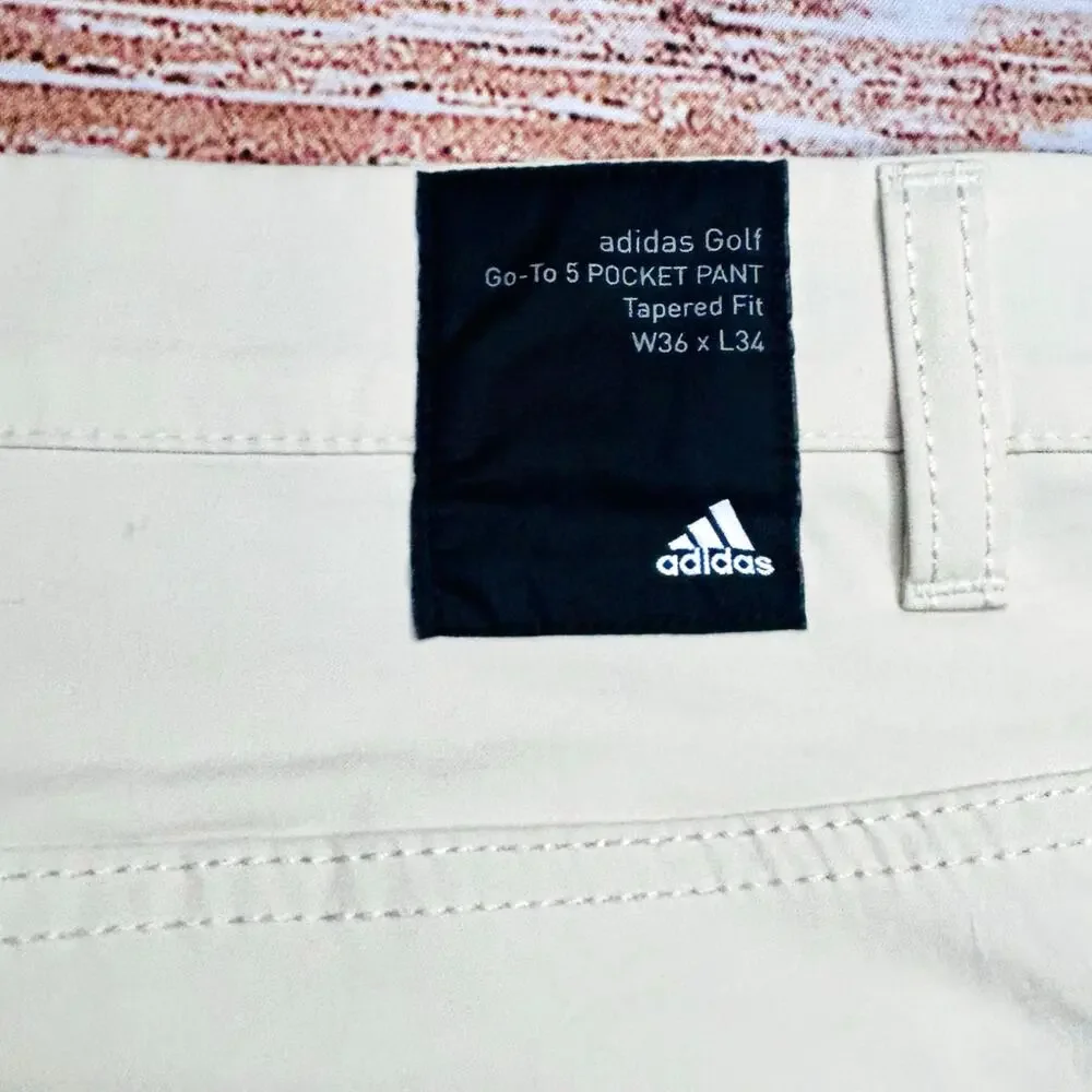 Adidas Golf Go-To 5 Pocket Tapered Pants 36x34 Tan NWOT Stretch Performance